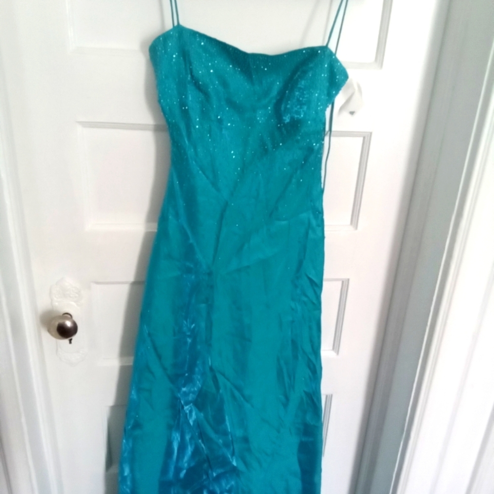 Sparkling Teal Spaghetti Strap Gown